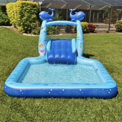 New Specifications  Portable pool Water spray arch Two-step slide Ages 3+ Easy hose connection Heavy-duty handles Heavy-gauge PVC for long-term use Sp