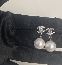Authentic CC Pearl Crystal Logo Earrings