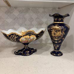Cobalt vase and large decorative bowls