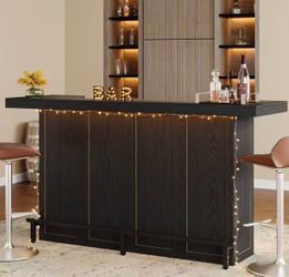 new in box J0516AB 4-Tier Bar Table, 70.9-Inch Large Wooden Home Bar Unit with Wine Glass Holder and Black Footrest, Pub Table with Storage Shelves fo