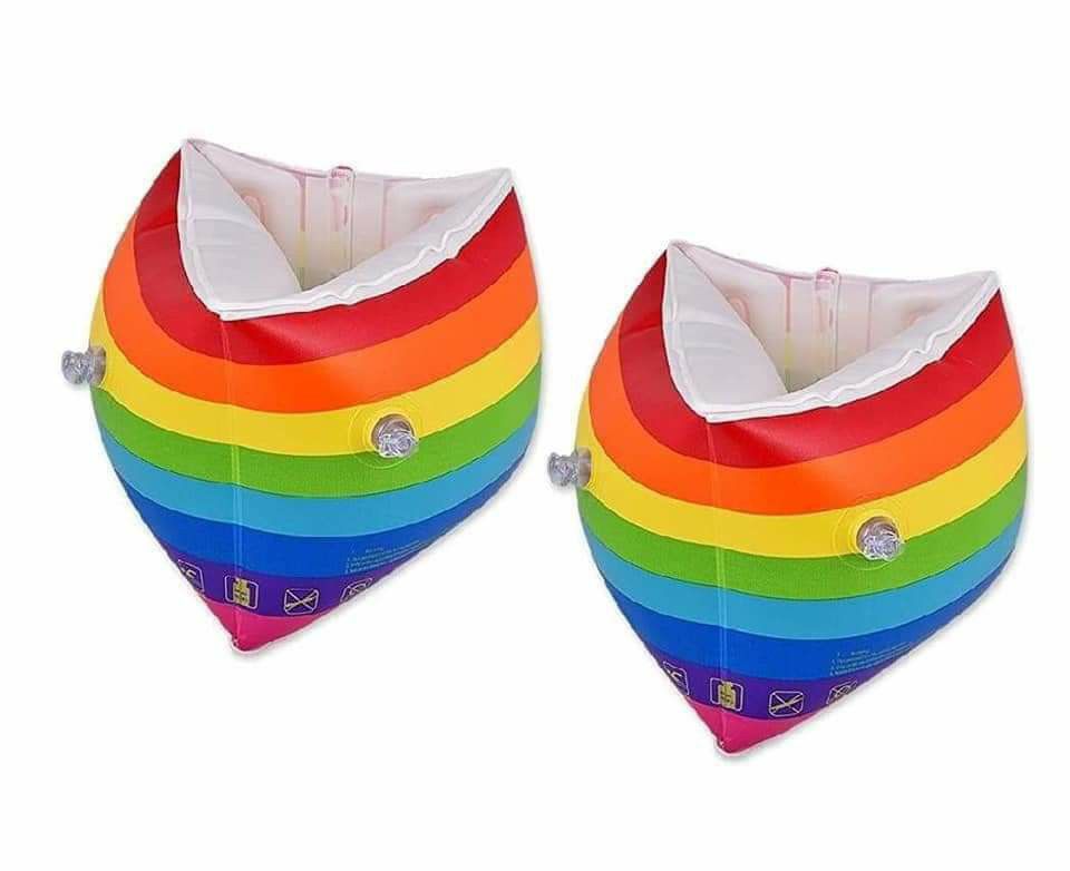 1 Pair Kids Rainbow Inflatable Armbands Float Arm Bands Flotation Devices for Children Swimming. PVC HEAVY DUTY! New, open bag.