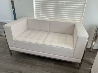 White Leather Tufted Loveseat with Chrome Legs