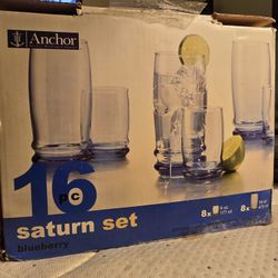 Anchor Hocking 16 Piece Glassware Saturn Set - 8x 16oz Glass & 8x 6ox Glass