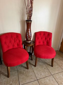 Set of 2 Red Tufted Accent Chairs & Small Round Table
