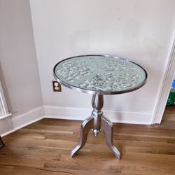 Vintage Aluminum Pedestal Side Table with Glass Top – Elegant Accent Table