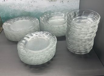 Service for 12 Arcoroc "Roc" clear glass, dinner, soup, salad plates & dessert bowls. Jupiter