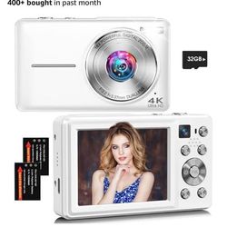 Digital Camera, 4K 64MP Autofocus 16X Zoom, Dual Lens (White)