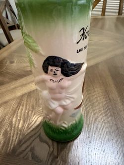 HARVEYS LAKE TAHOE NEVADA MUG HULA DANCER BOAT PALM TREES