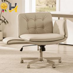 Criss Cross Chair with Wheels & Armrests PU Leather Wide Vanity Chair Cream NEW