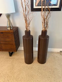 Pair of Tall Brown Decorative Floor Vases with Branches – 36” Tall x 30” diameter $80
