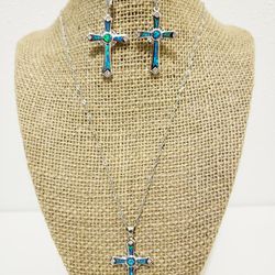 925 Sterling Silver Blue Fire Opal Cross Necklace and Earrings.