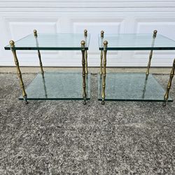 Vintage Mid-Century 2 Small Side / End Tables Faux Bamboo and Glass 