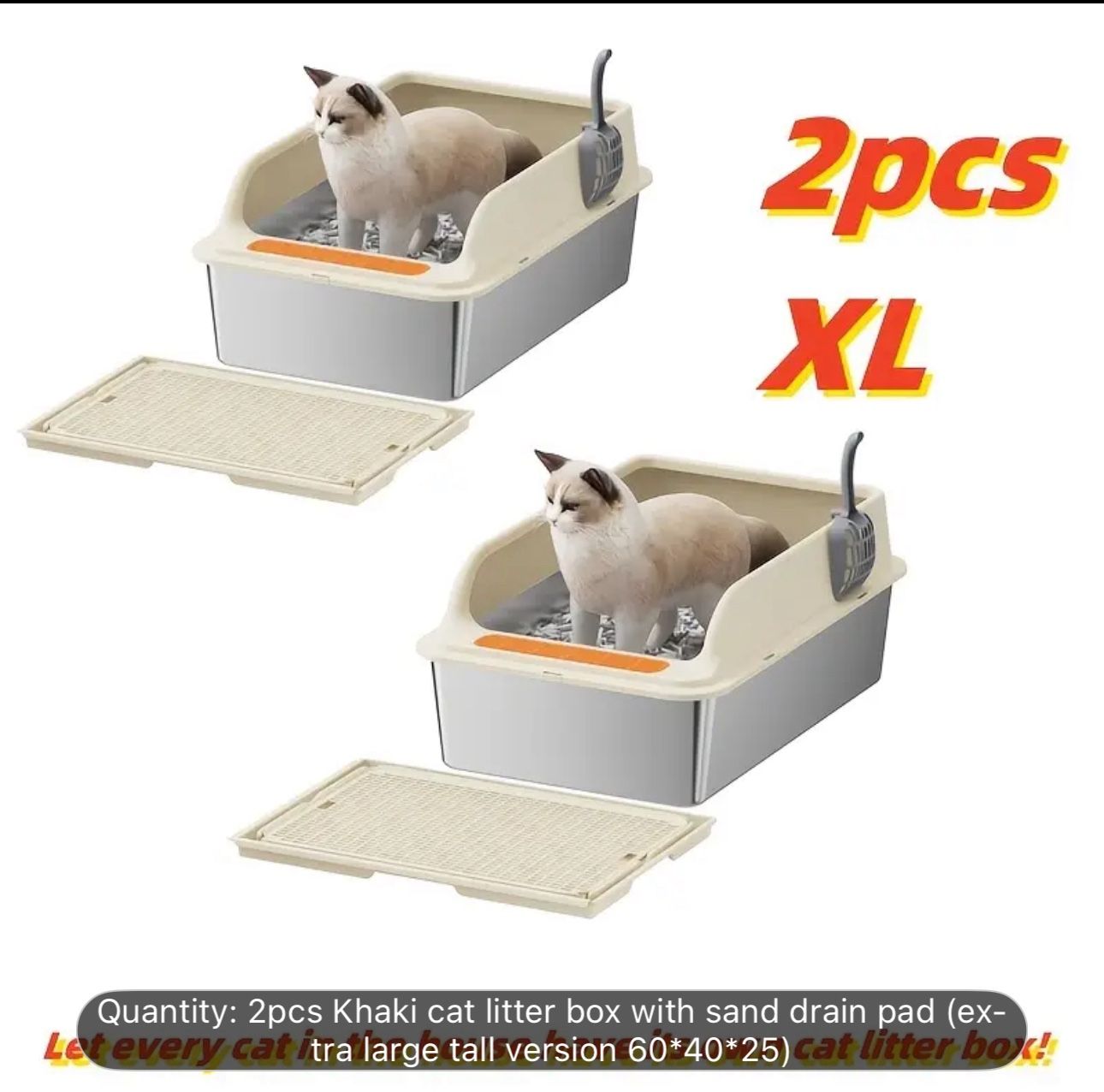 Khaki Color 2pcs Stainless Steel Cat Litter Box With Splash Proof Cover, Oversized Top In Cat Toilet, Semi Enclosed, Anti Sand Cat Litter Box