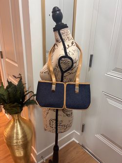 Navy Denim Tote Bag with Gold Trim