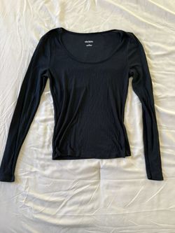 Wild Fable Black Fine-Ribbed Semi-Sheer Scoop Neck Long Sleeve Tops (S & M Available)