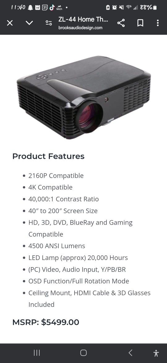 Brooks Hi-Fi ZL-44 4K 3D Projector System