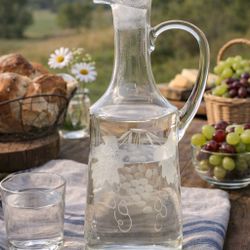 European Vintage 1960s Etched Grape Leaves Glass Pitcher, 2.5x10.5”