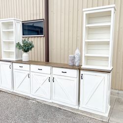 Custom TV Stand Cabinet Entertainment Center TV Lift Modern Rustic Farm House Barn Doors Console Handmade Restorations hardware Insp. Bookshelves 