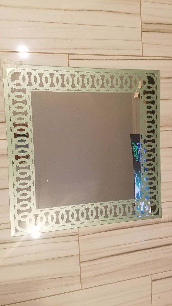 Wall Mirror - Frameless Decorative Mirror with Ultrafine Metallic Circular Pattern Border, Metallic Light Sage Green
