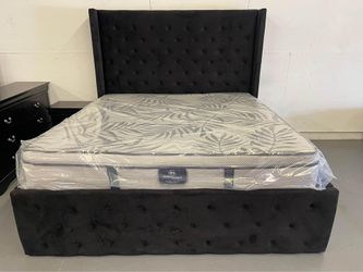 🔥 Brand new upholstered premium black King | Queen size bed frame/Headboard - Mattress • Pay after delivery 🚚