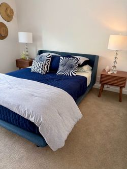 Blue Upholstered Platform Bed Frame & 2 Nightstands