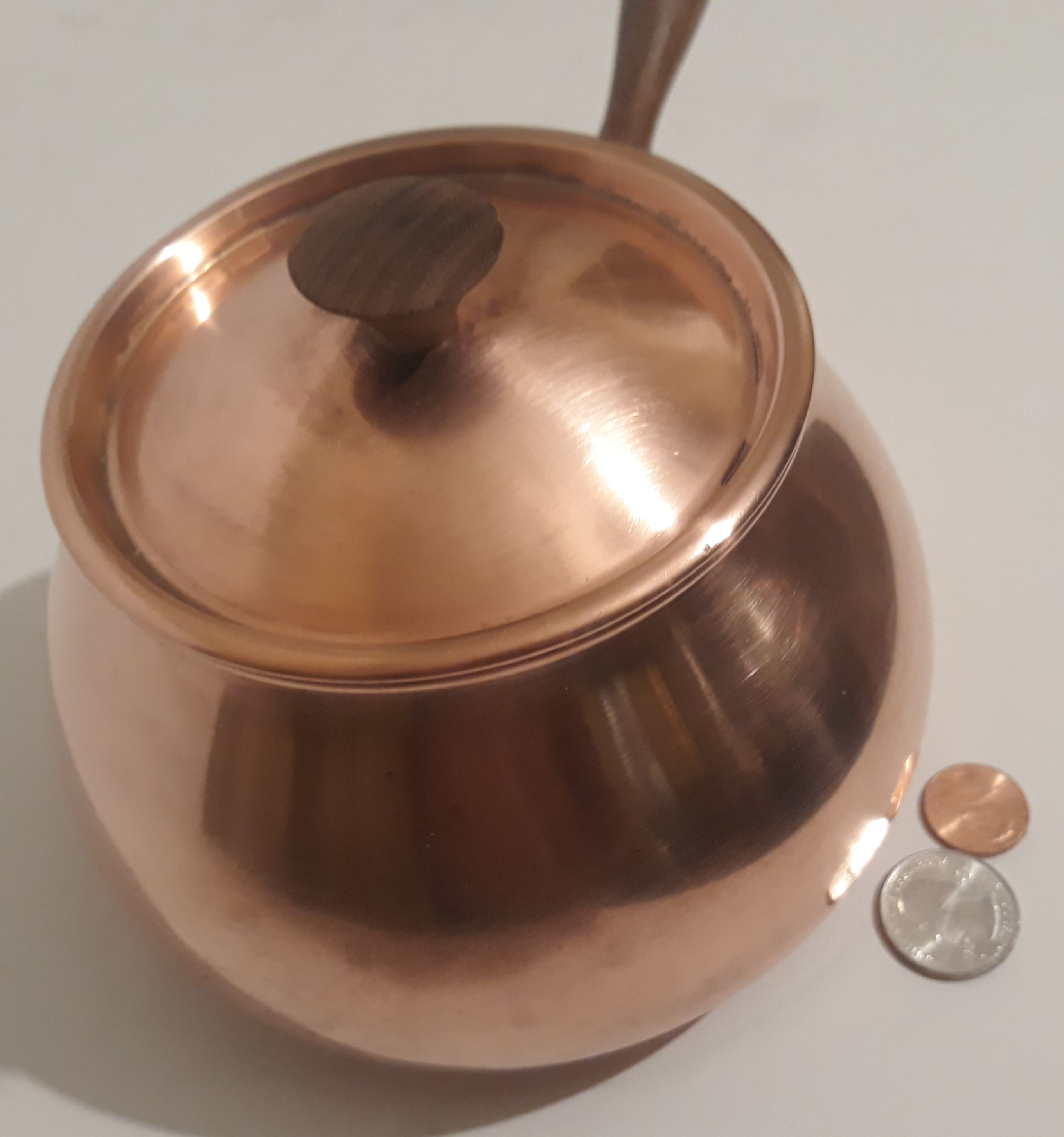 Vintage Metal Copper and Brass Cooking Pot, Lid, Wooden Handle, Made in Portugal, 11" Long and 6" x 3 1/2" Pan Size, Home Decor, Shelf Display
