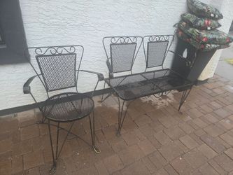Vintage Mid Century wrought iron patio furniture chair and bench