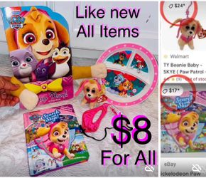 $8 For All Paw Patrol Skye Puppy collection TY Beanie Plushy, Books,Plate,mask like New