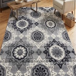 Gray & Navy Floral Medallion Area Rug