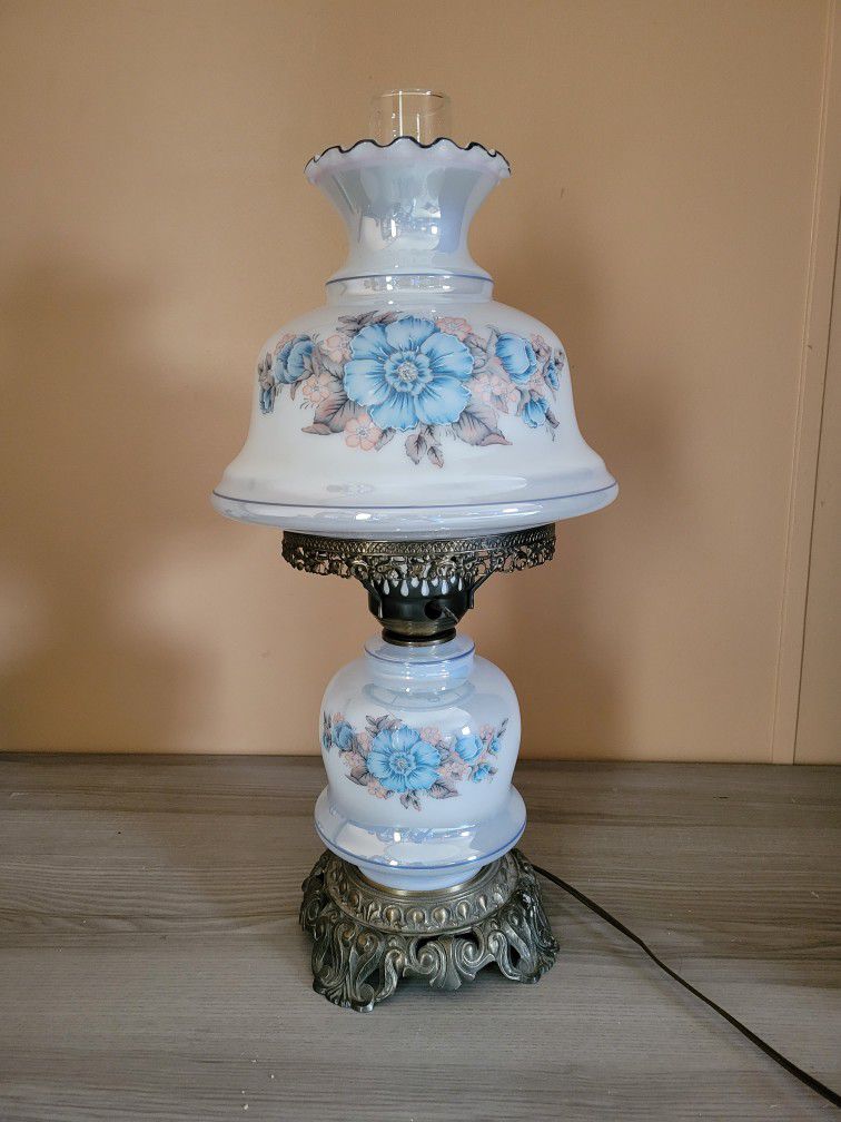  Vintage Iridescent Blue Floral Hurricane Lamp 3-way Switch Night Light Lamp 