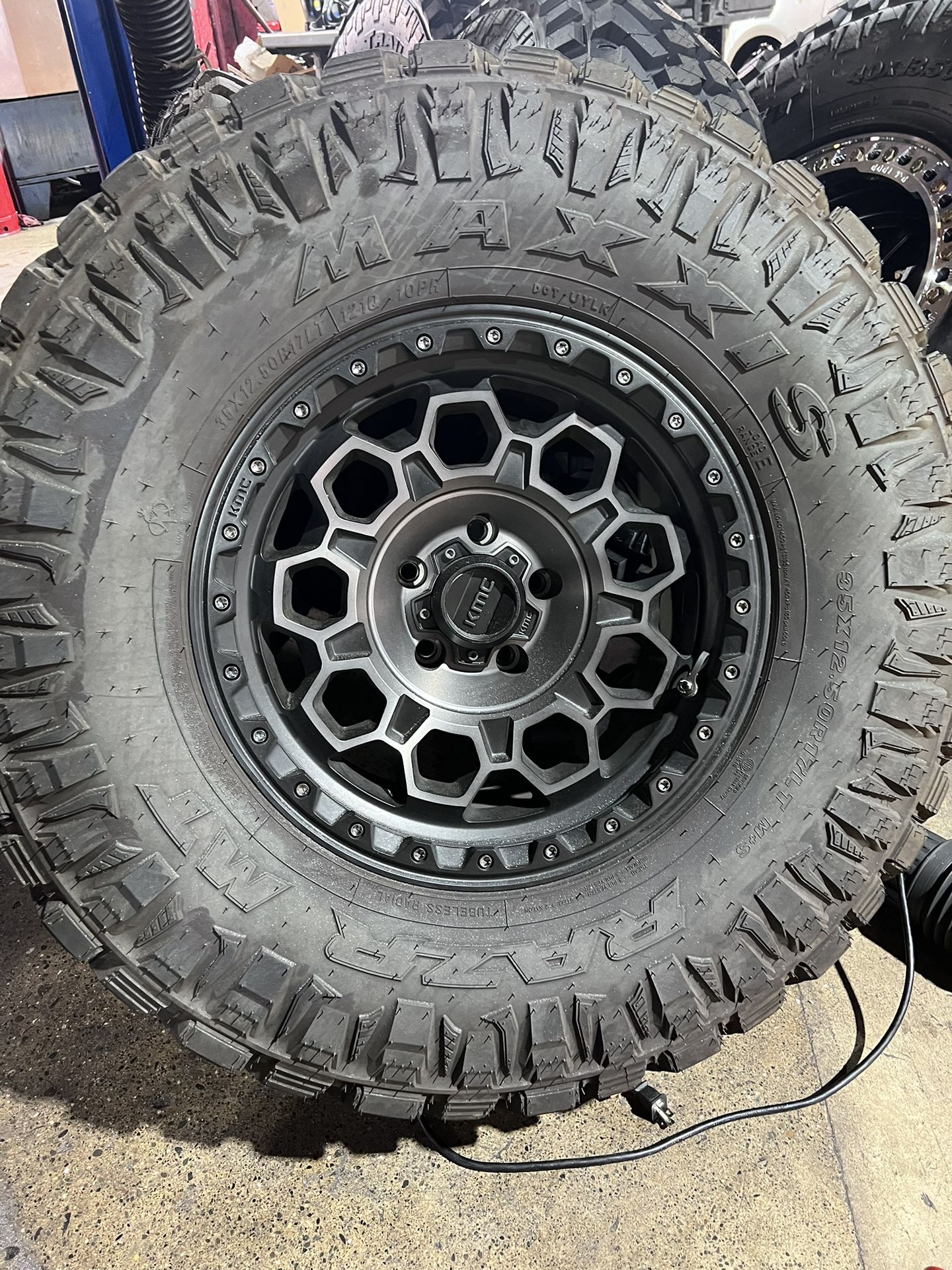 17” KMC KM445 Wheels 5x5 With Maxxi Razr MT 35’s