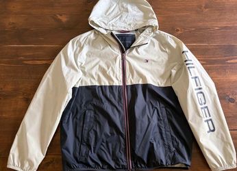 Tommy Hilfiger Men's Rain Jacket Slicker Colorblock Logo Sleeve Hoodie Large
