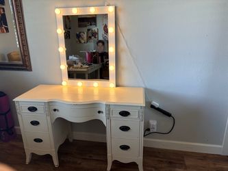 French Provincial Desk w Separate LED Touch Lighted Vanity Hollywood Mirror