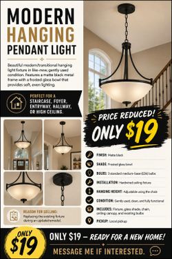 Modern Hanging Pendant Light – $49
Beautiful modern/transitional hanging light fixture in like-new, gently used condition. Features a matte black meta