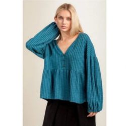 NEW Boutique Teal babydoll puff long sleeve rib top Sz L