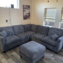 BRAND NEW DARK GRAY CORDUROY SECTIONAL WITH OTTOMAN