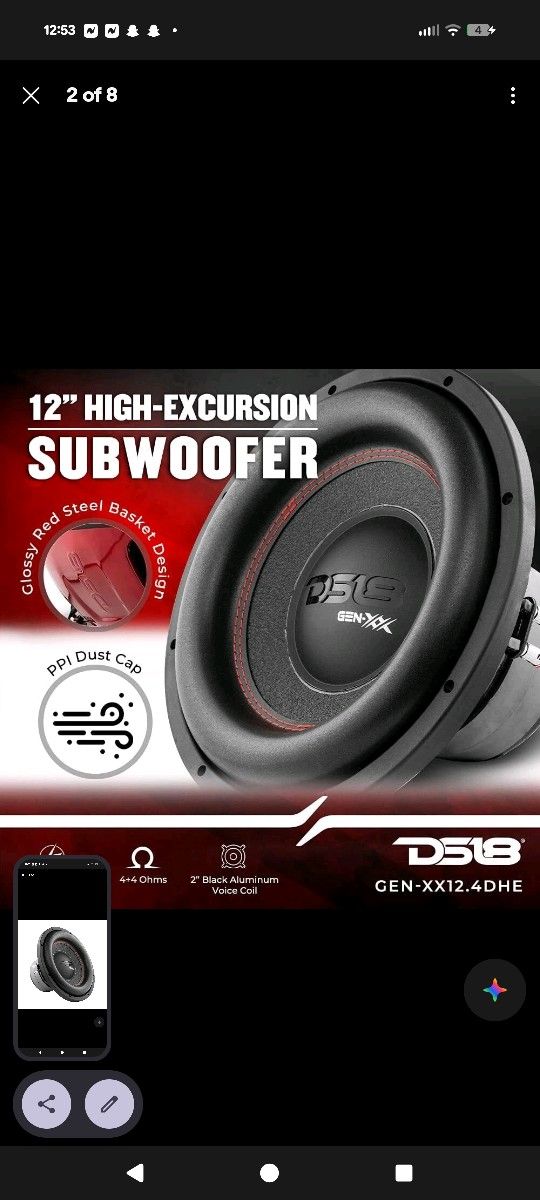 DS18 GEN-XX12.4DHE 12" High Excursion Car Subwoofer 1450 Watts Dual VC 4 Ohms