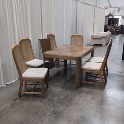 Wood Parquet Top Dining Table with Cane Back Chairs