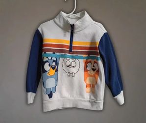 Bluey Toddler Quarter-Zip Sweatshirt White Blue Striped Bluey Bingo Muffin Size 4T