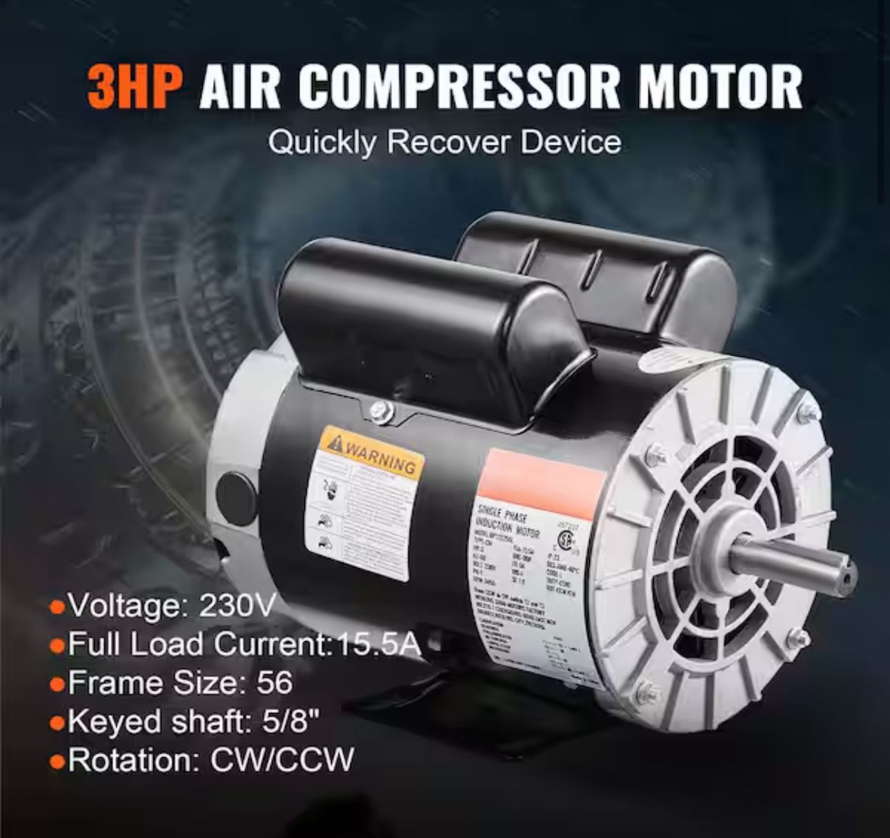 3 HP Electric Motor Compressor Duty 56 Frame 1Phase 115-230V 5/8" Shaft
