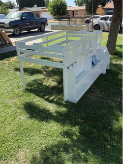 JOYMOR Low Loft Bed with LED Lights, Twin Loft Bed with Storage Bookcase, Wide Stairs, Safety Guardrail and Curtain