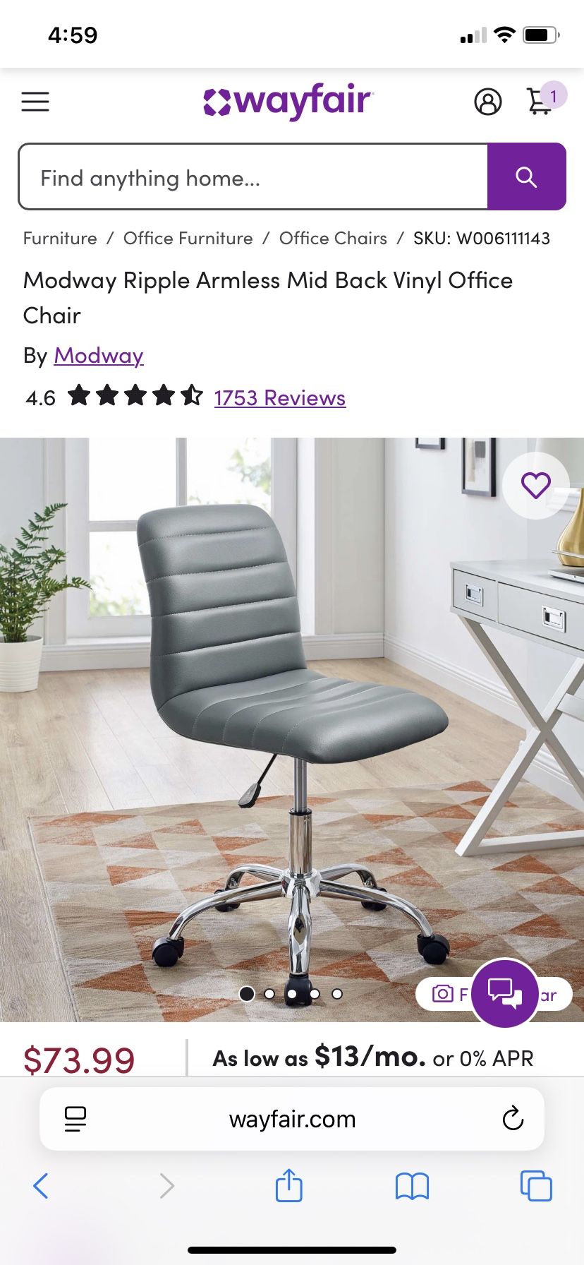 Office Or Vanity Chair- Gray Vinyl - New Used 2x