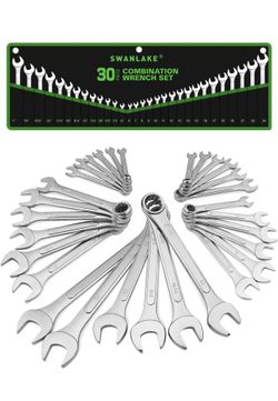 30-Piece Combination Wrench Set, Metric (6mm-24mm) & SAE (1''-1/4"), Standard Spanner Wrench Set, Mechanic Tool Sets with Rolling Pouch, Open End Wren