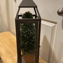 Gorgeous Metal & Glass Lantern W/ Green Topiary!