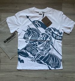 White mens t-shirt with equestrian knight design in the front leading to the back
