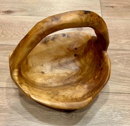 Hand-Carved Burl Wood Basket Bowl with Handle