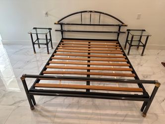 Used Queen Size Metal Bed Frame with 2 Glass Nightstands