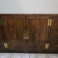 Vintage Henredon Solid Wood Campaign Credenza and Sideboard/Serving Bar with Brass Hardware