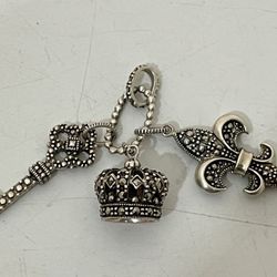 Vintage Sterling Silver w/ Marcasite ~ Fleur de Lis, Crown & Key Pendant ~ 12.6g