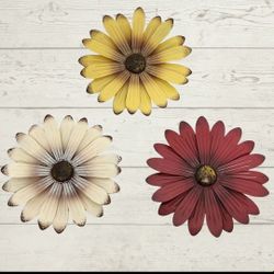 New Set of 3 Cream Red Yellow Metal Flower Wall Art Garden Whimsical Spring
